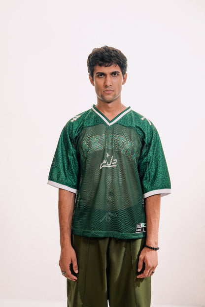 model:male model:studio | Green Passport jersey — front, worn by male model, studio