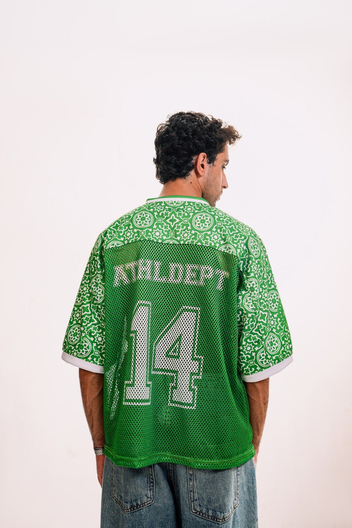 model:male model:studio | Pakola Green jersey — back with ATHL DEPT 14, studio