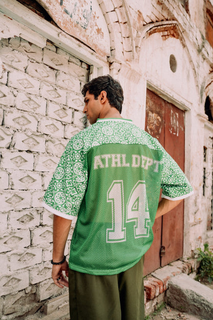 model:male | Pakola Green jersey — back with ATHL DEPT 14, Lahore campaign