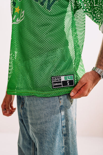 model:detail model:studio | Pakola Green jersey — mesh and 1947 ZAMANA label detail