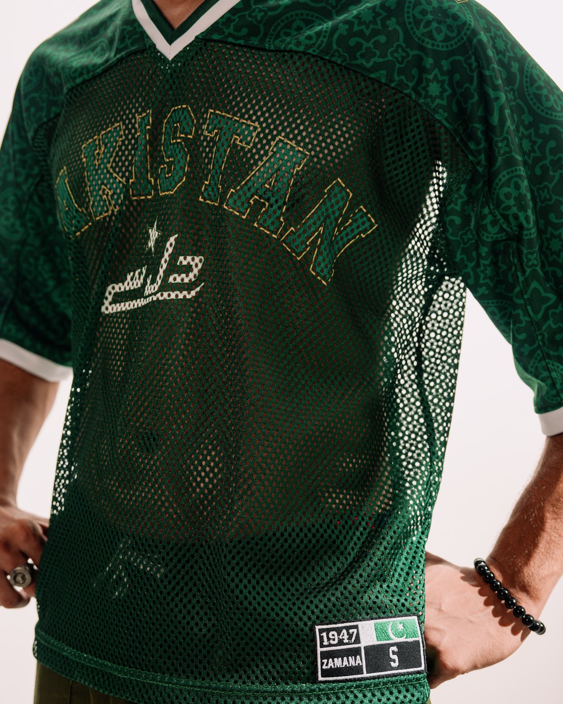 Athletic Department jersey — mesh and 1947 label, studio