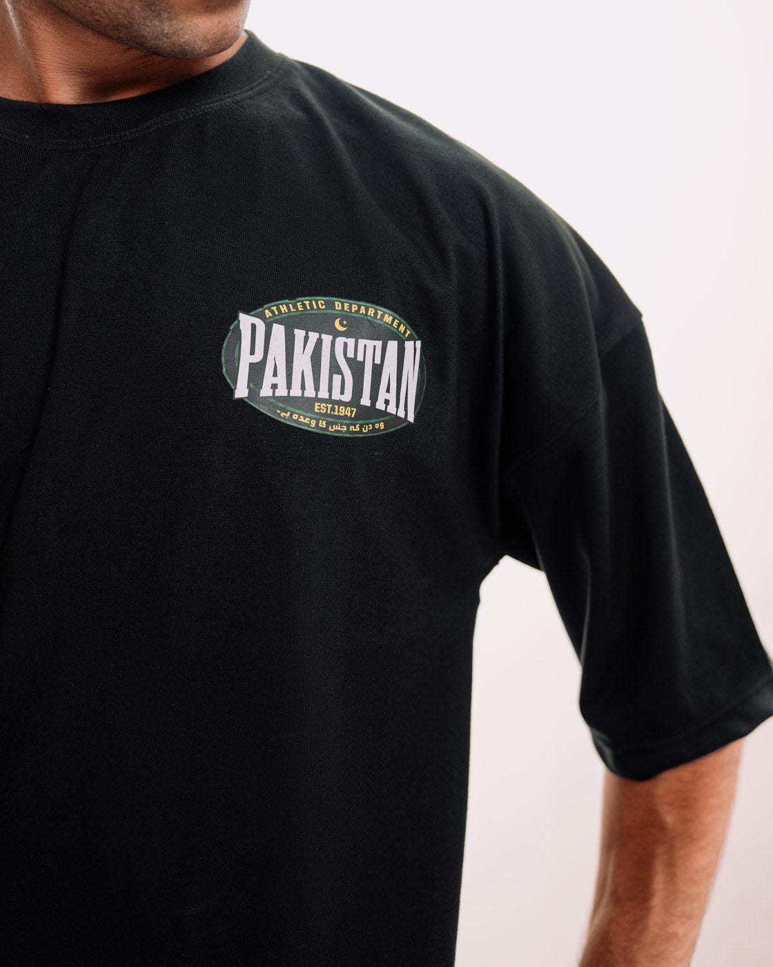 Zamana Alumni Tee — PAKISTAN chest graphic detail, studio